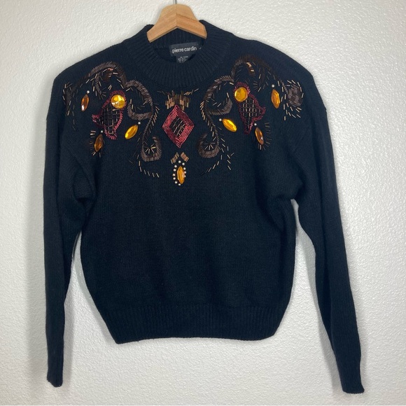 Vintage Pierre Cardin Silk Beaded Sweater Black L Rabbit Hair Shoulder Pads - Picture 2 of 14